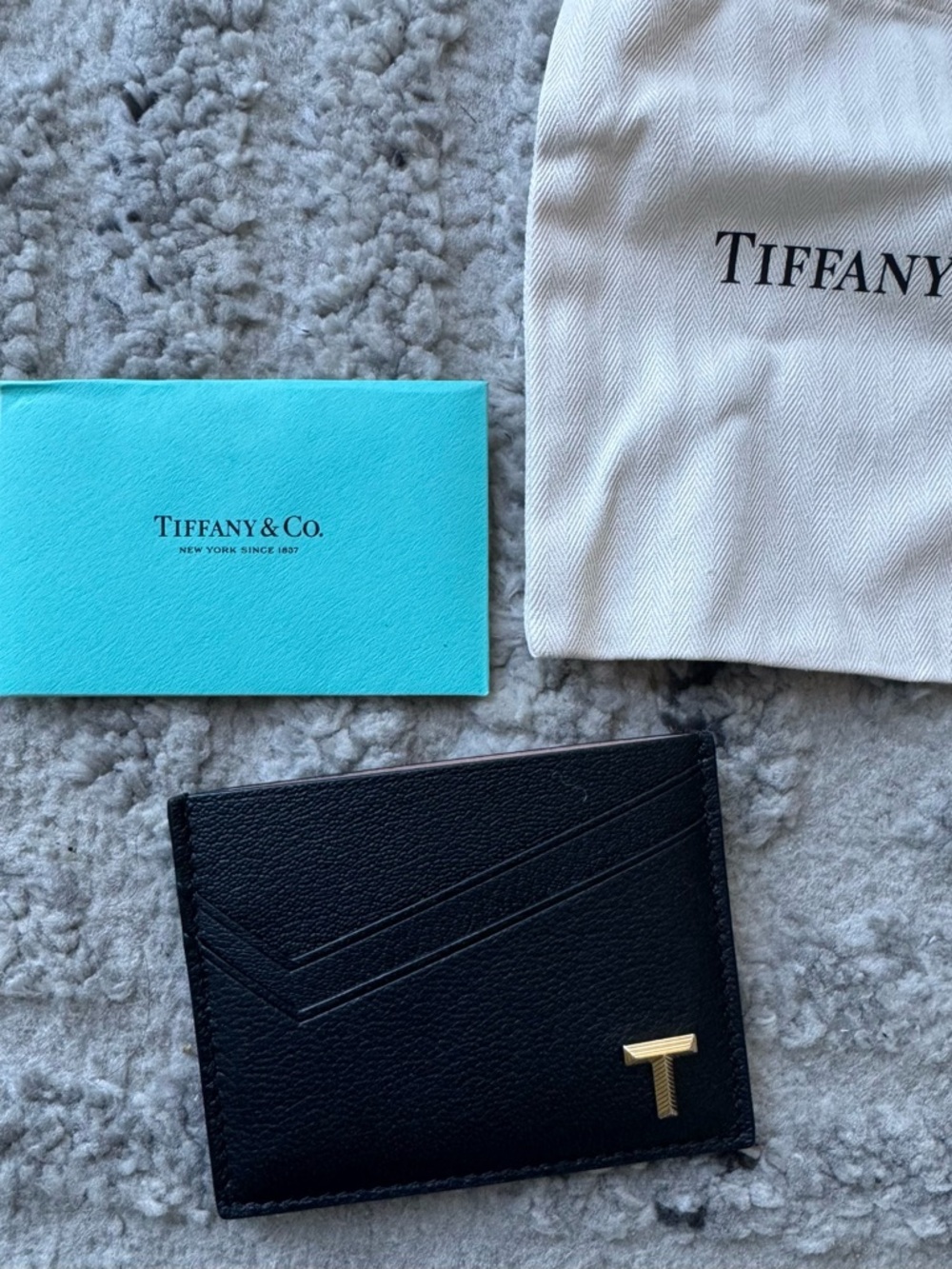 NWT Tiffany&Co. T Monogram Black Leather Cardholder with Gold Accent T Logo